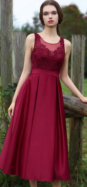 Burgundy ruched lace and silk dress