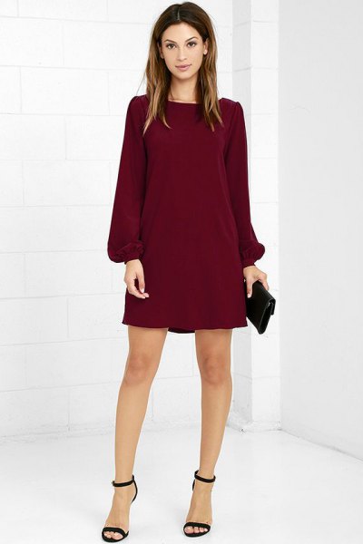 burgundy long-sleeved shift dress