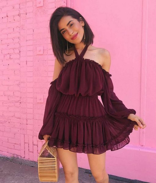 Burgundy multi-layer cocktail dress with ruffle halter