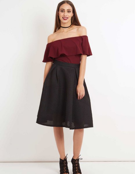 Burgundy ruffled blouse with black mesh midi skirt