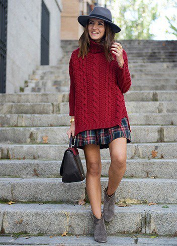 Burgundy navy oversized cable knit sweater and red plaid skirt