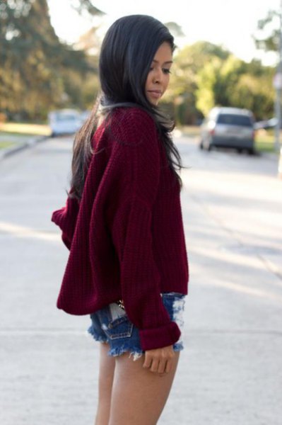 Burgundy oversized knit sweater ripped denim shorts