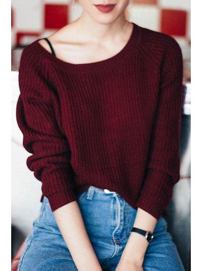 Burgundy ribbed sweater with boat neckline over waistcoat