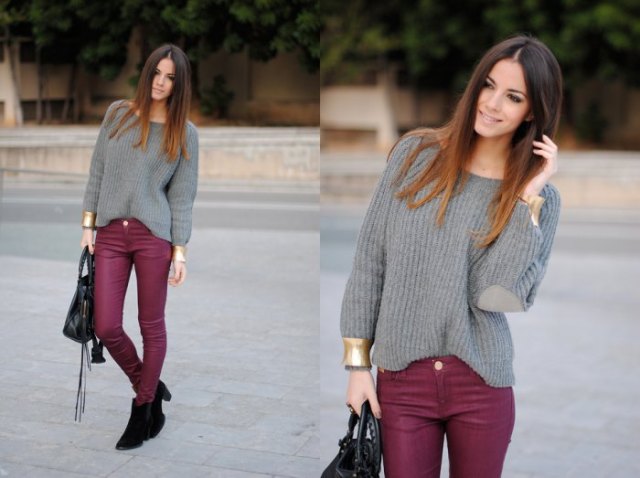 Burgundy skinny jeans gray knitted sweater with boat neckline