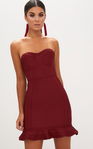 burgundy strapless fit and flared mini dress with frilled hem