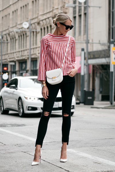 buttonless red and white striped shirt with black ripped skinny jeans
