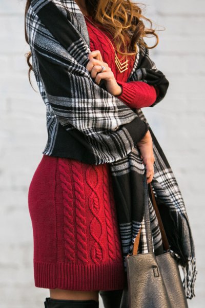 Cable knit dress with black and gray blanket scarf