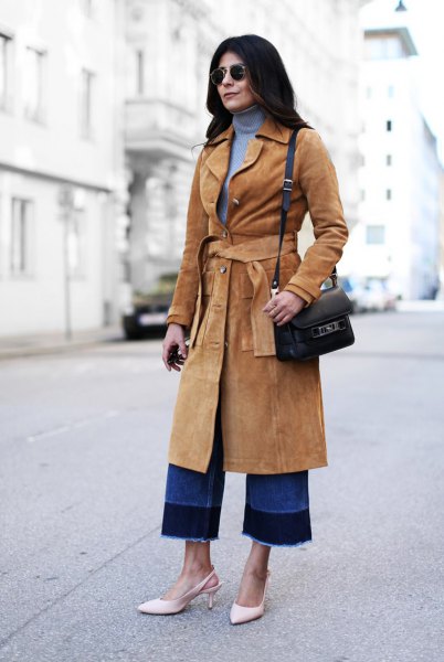 Midiranger suede coat with camel belt and blue turtleneck sweater