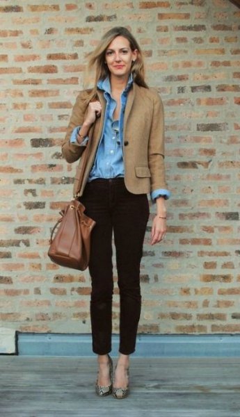 Camel blazer with a blue chambray shirt and black chinos