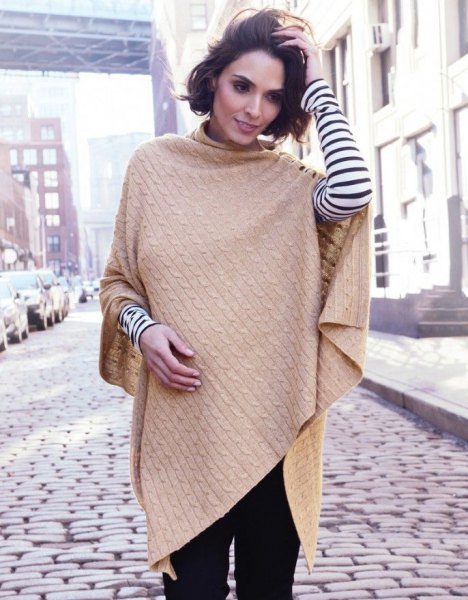 Cable knit camel scarf with black and white striped long-sleeved T-shirt
