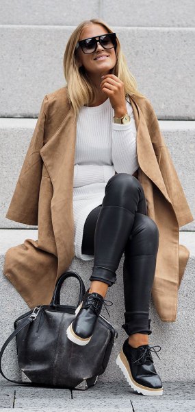 Camel faux leather long coat with ribbed tunic sweater and leggings