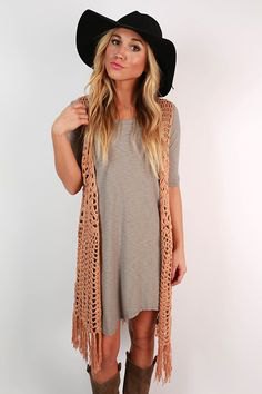 gray airy t-shirt dress with camel fringe vest