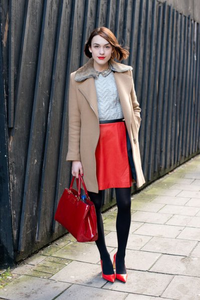 Wool coat outfit with camel fur collar