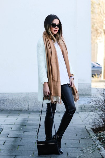 Camel long scarf with white oversized scarf and leather gaiters