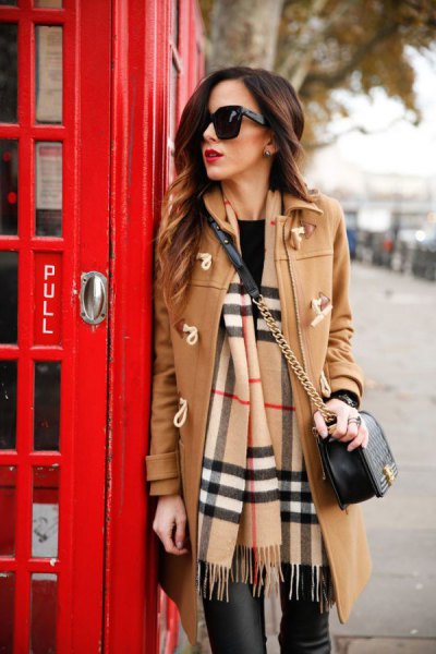 Camel long wool coat with black leather pants