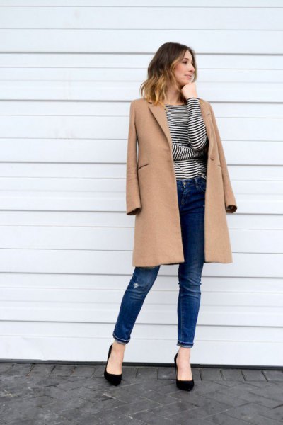 Camel longline wool coat with black and white striped long-sleeved T-shirt