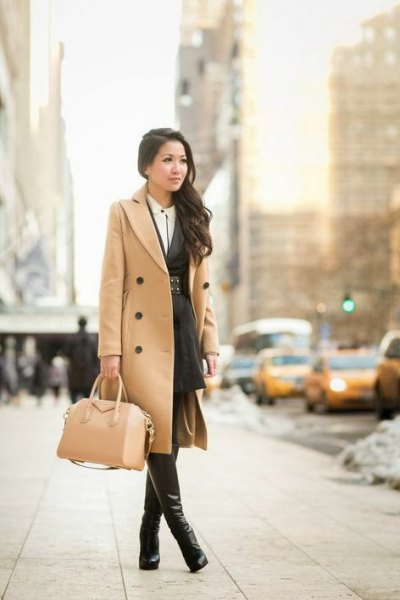 Camel midi length double-breasted wool coat with leather thigh boots