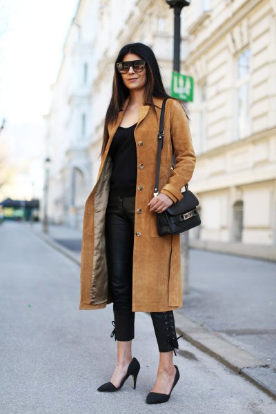 Camel midi length suede coat with all black outfit