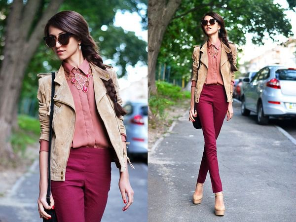 Camel suede blazer with a pink shirt and auburn high-rise jeans