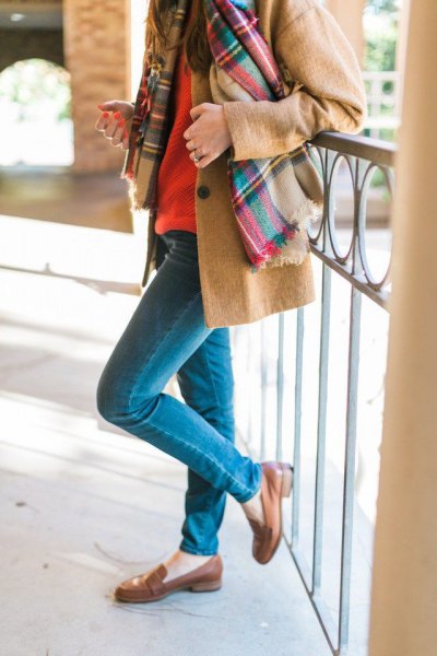 Camel wool coat with a checked scarf and brown slippers