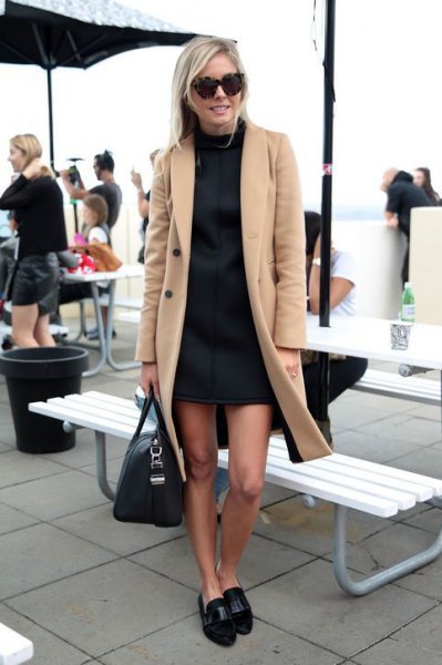 Camel wool longline coat with black suede shoes