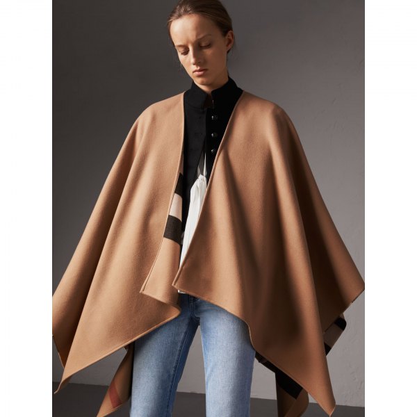Camel wool poncho black shirt with buttons