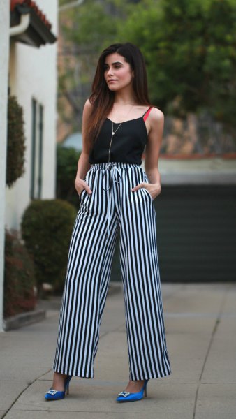 Camisole with black and white striped pants with a high waist