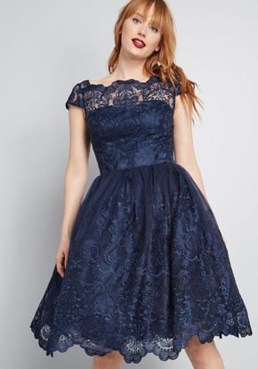 Cap sleeve fit and flare knee length dark blue dress