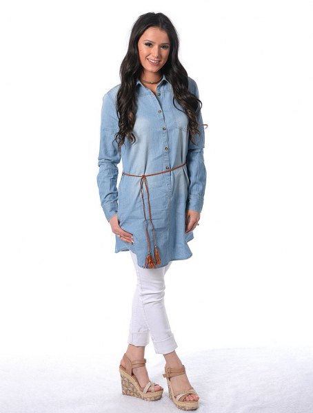 Chambray tunic dress with belt white jeans