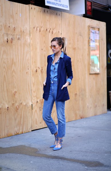 Chambray button up shirt with mom jeans and sky blue gladiator flat denim shoes