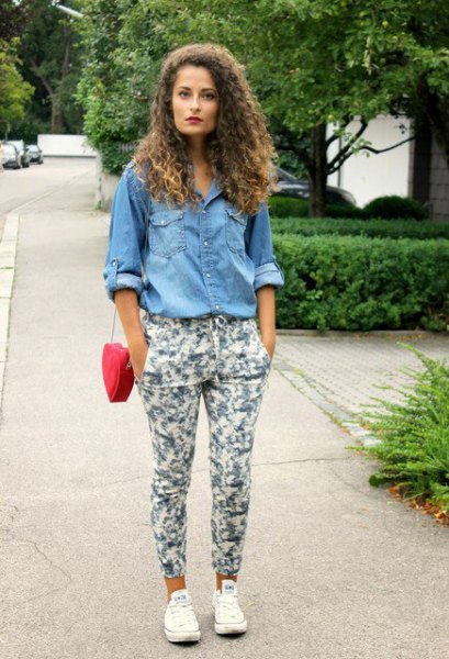 Chambray button-up shirt with white floral trousers