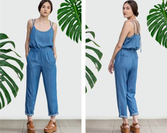 Chambray elastic pants with waist cuffs and matching vest top