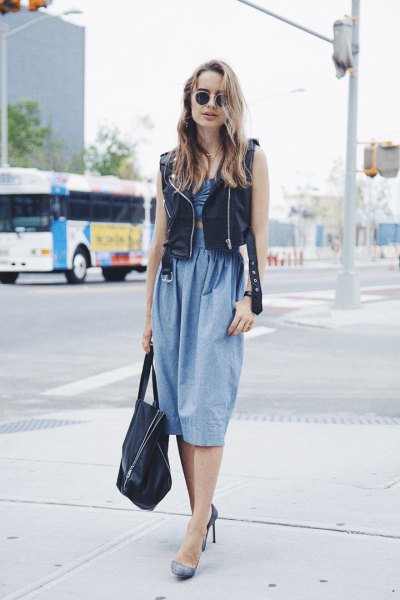 Chambray ruched waist relaxed sitting midi dress