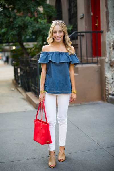 Chambray off shoulder ruffle top
