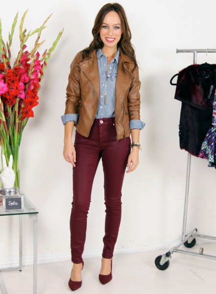 Chambray shirt brown leather jacket