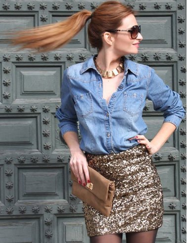 Chambray shirt with mini sequins gold bodycon skirt