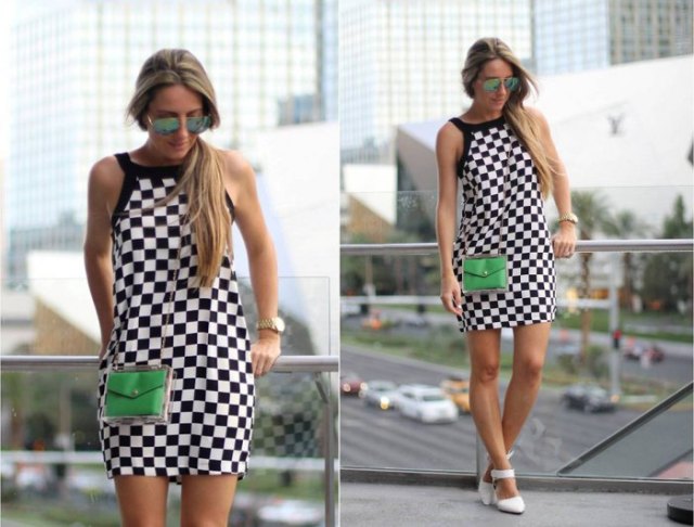checkered halter mini dress with white heels