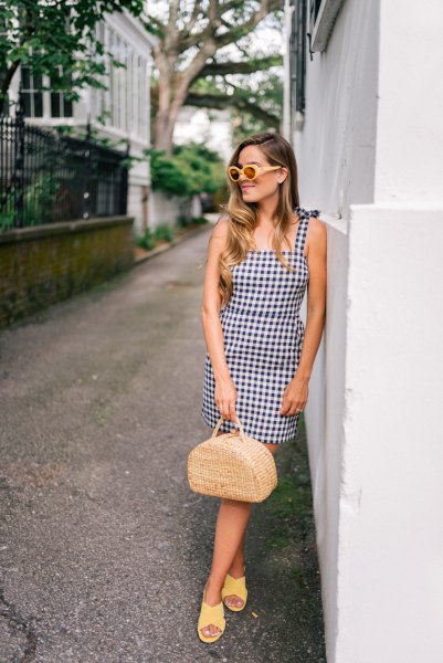 Checkered mini fit and flared suspender dress