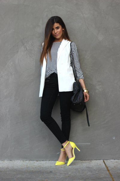 plaid shirt with white vest and yellow heels