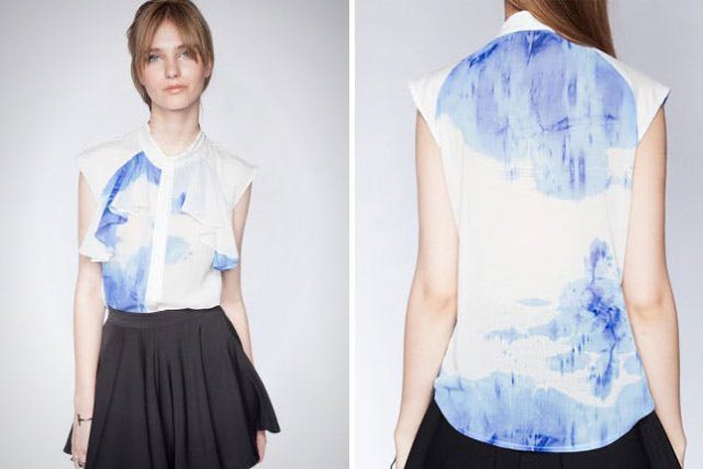 blue and white tie shirt made of chiffon with black minirater skirt