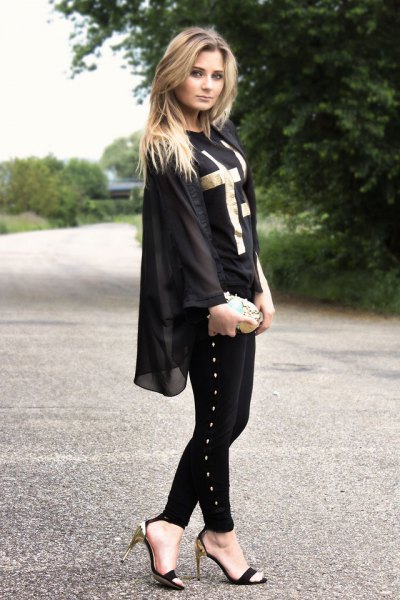 Chiffon jacket with black and silver kitten heel shoes with open toes