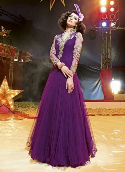 Chiffon purple semi-transparent floor length pleated flared dress