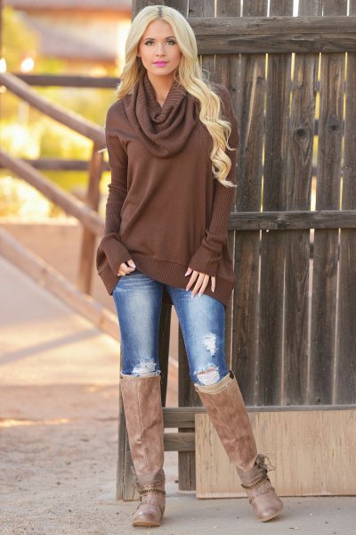 Chocolate brown sweater dress with a cowl neckline and jeans