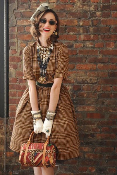 Chocolate plaid fit and vintage flared midi dress