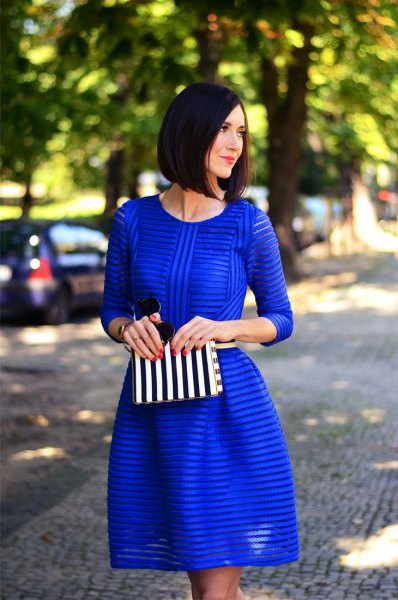 Cobalt blue striped, semi-transparent and flared mini dress