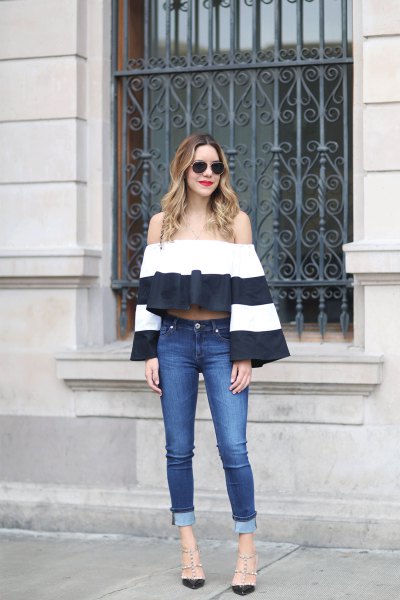 Color Block Bell Sleeve Blouse Jeans