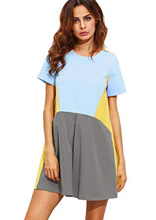 Color block rainbow color short sleeve summer tunic dress