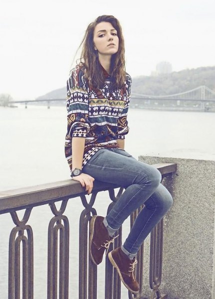 colorful sweater jeans chukka boots