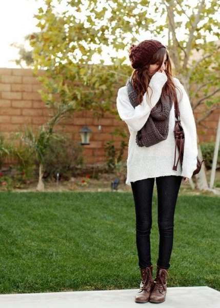 comfortable white knitted sweater brown combat boots