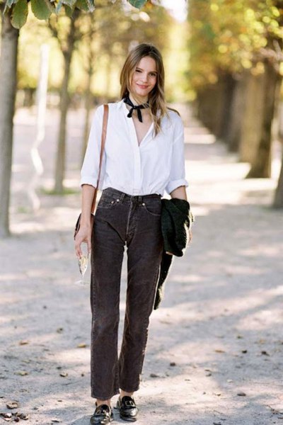 Corduroy trousers button up white shirt